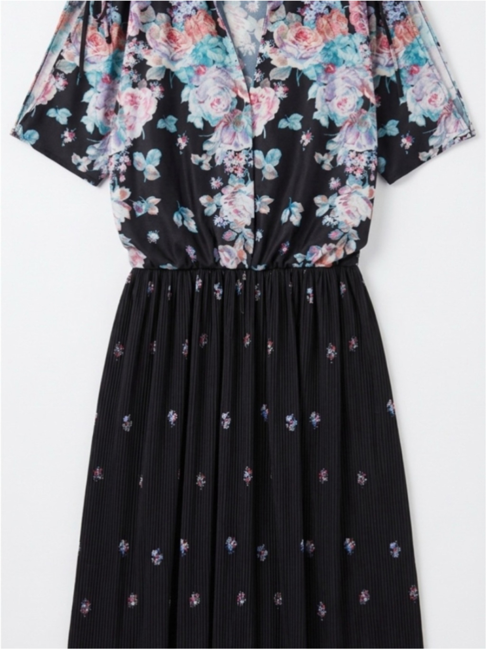 70s Black Floral Pleated Tea Length Dress - Picture 3 of 6
